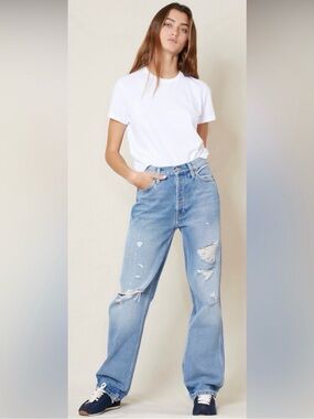 Re/Done 90’s High Rise Loose Jeans Straight Leg Size 24 in Medium Destroyed